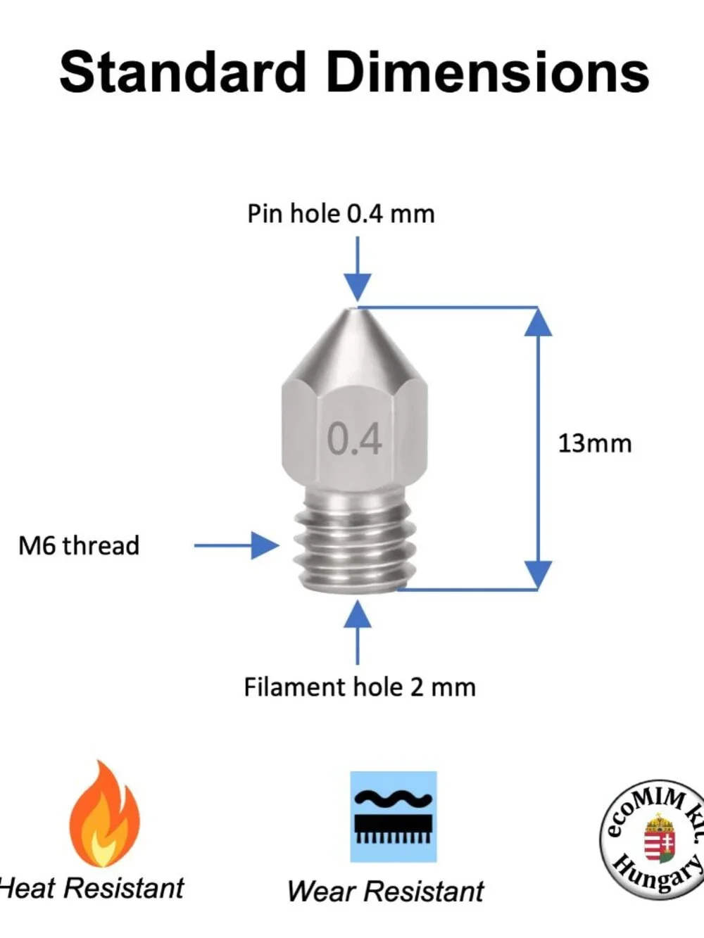 0.4mm 3D Printer Nozzles Wear Resistant Stainless Steel Count of 6 (0.4mm)